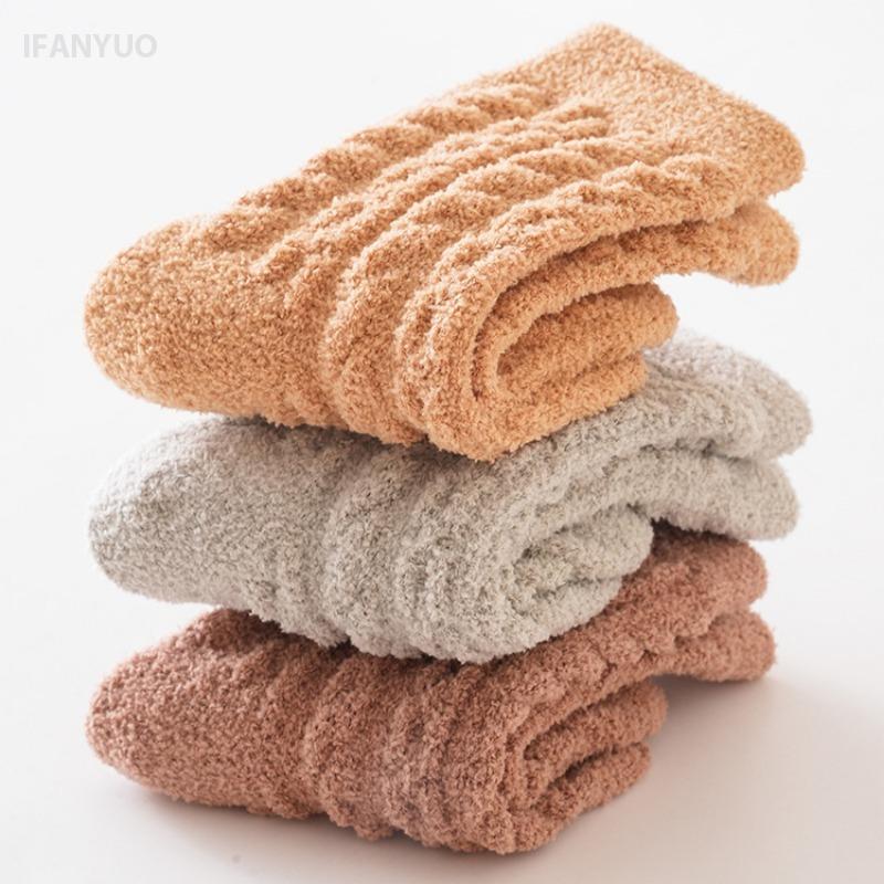 0-3Years Baby Plush Socks Thick Coral Velvet Twist Knitting Solid Color Children's Warm Velvet Mid Tube Socks Autumn and Winter