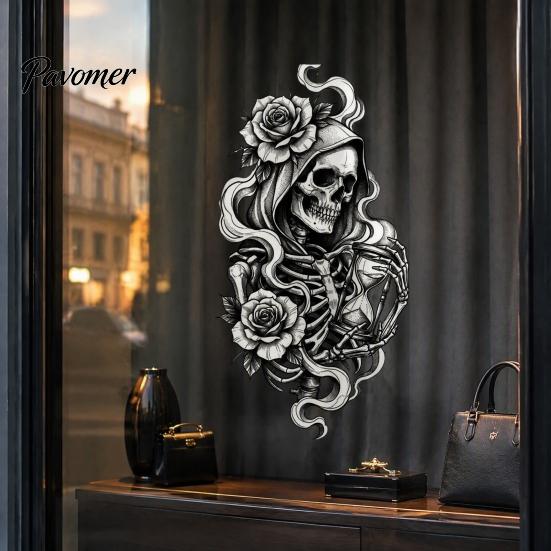 Waterproof PVC Window Decal Halloween Skeleton And Rose Static Clings, Removable Sketch Skull & Glass Sticker Flower Sticker, for Home Store