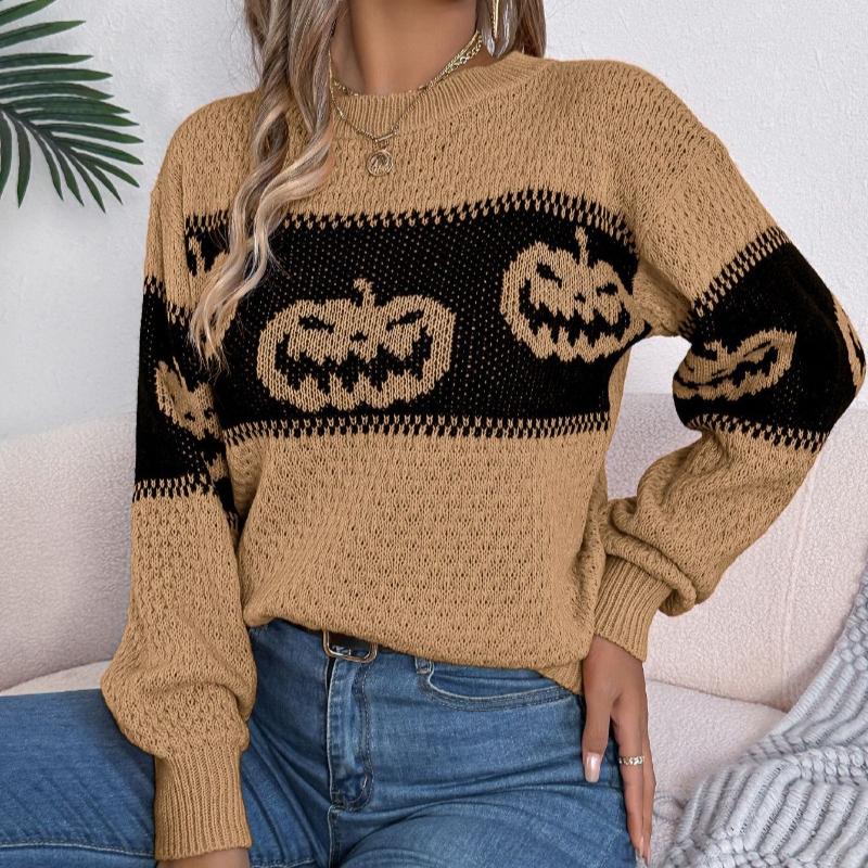 Autumn Winter Halloween Pumpkin Print Pullovers Sweaters Women Long Sleeve Casual Woman Sweater Elegant Round Neck Loose Warm Ladies Knit Jumper 25366