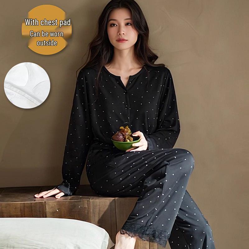 

Женский пижамный комплект в горошек с кружевом и нагрудными вкладышами - с длинным рукавом и брюками для дома или улицы на осень/зиму Women s XXXL [70-80 kg]