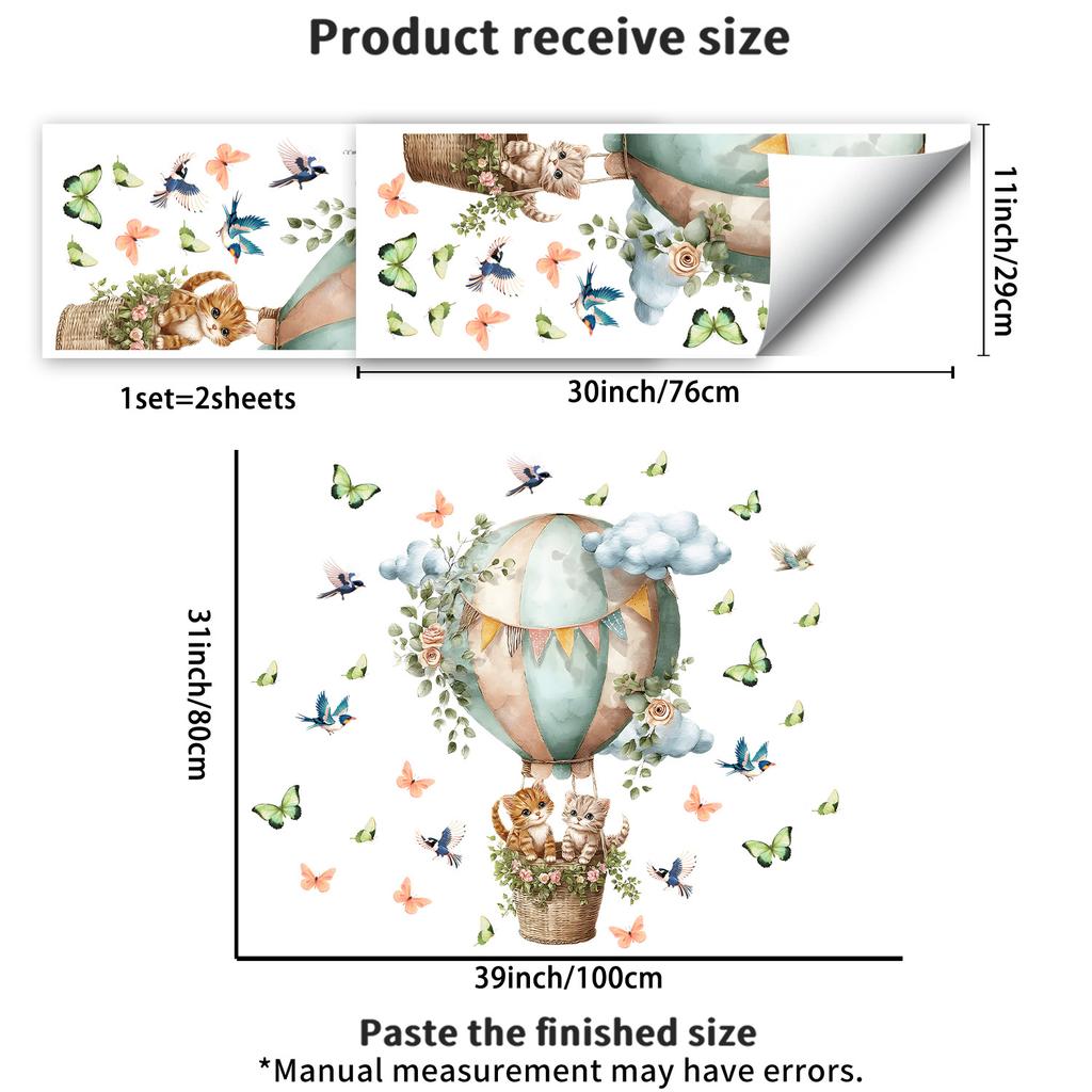 Watercolor Hot Air Balloon Cat Wall Sticker Butterfly Bird Plants Self-Adhesive Waterproof Removable Warm Home Decor