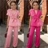 Girls' Fashionable Suit Set: Summer Children's Tulle-Paneled Short-Sleeve Blazer and Wide-Leg Pants Set