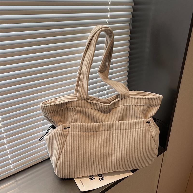 Winter solid color corduroy tote bag women's style large capacity versatile shoulder handbag casual bag