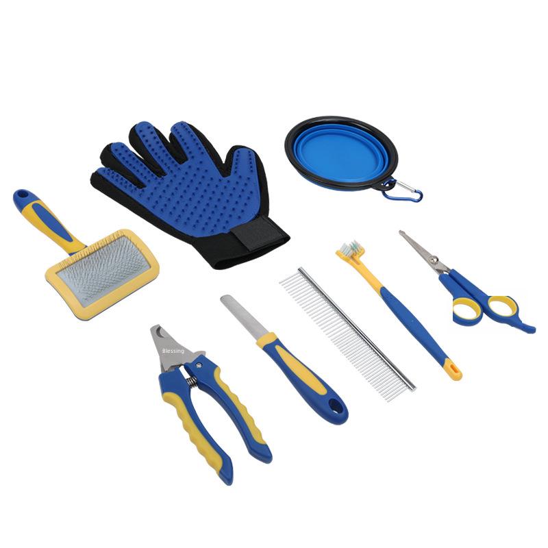 8-Piece Pet Grooming Set: Detangling Comb, Straight Comb, Nail Clippers, File, Hair Removal Knife, Cleaning & Grooming Tools.
