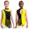 Girls Color Block Gymnastics Leotard with Mock Neck & Keyhole Back, Shiny Rhinestones & Tassels for Dance & Figure Skating