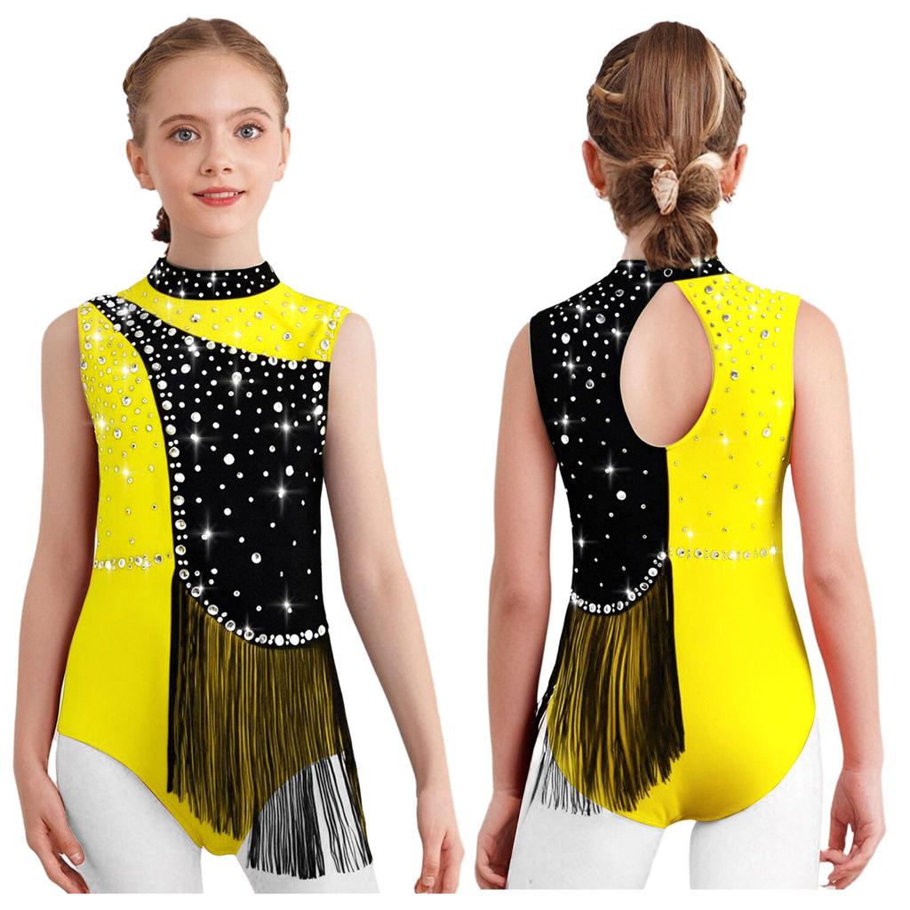 Girls Color Block Gymnastics Leotard with Mock Neck & Keyhole Back, Shiny Rhinestones & Tassels for Dance & Figure Skating