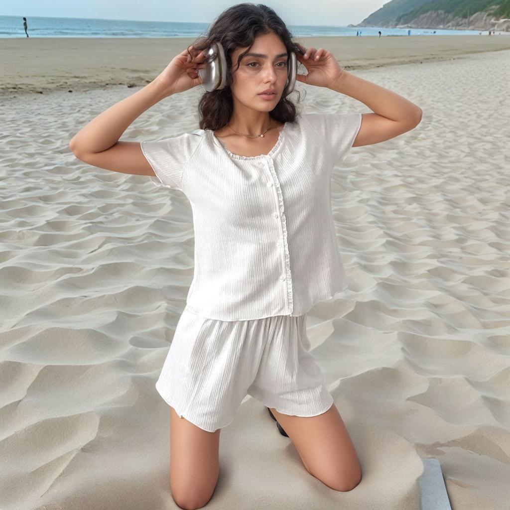 Simple Style Summer and Spring Lightweight Women's Pajama Set with Slanted Pants and Short-sleeved Tops, Casual and Loose Home Wear for Women