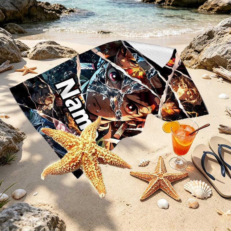 Custom Name Personalized Demon Slayer Print Beach Towel, for Trip Camping Beach Party Home Decor, Birthday Gift for Family & Friends