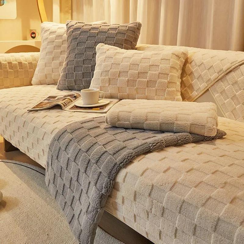 Simple Style Plush Sofa Cushion Nordic Non-Slip Cushion Backrest Cover Towel Furniture Protector for Bedroom Living Room