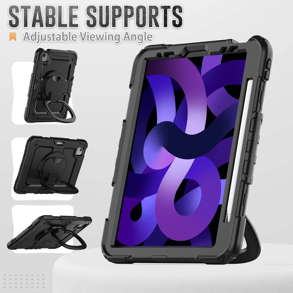 For iPad Pro 11''/Air 4/5,Military Grade Shockproof Protective Silicone Cover 360 Folding Handle Grip + Handle Shoulder Strap