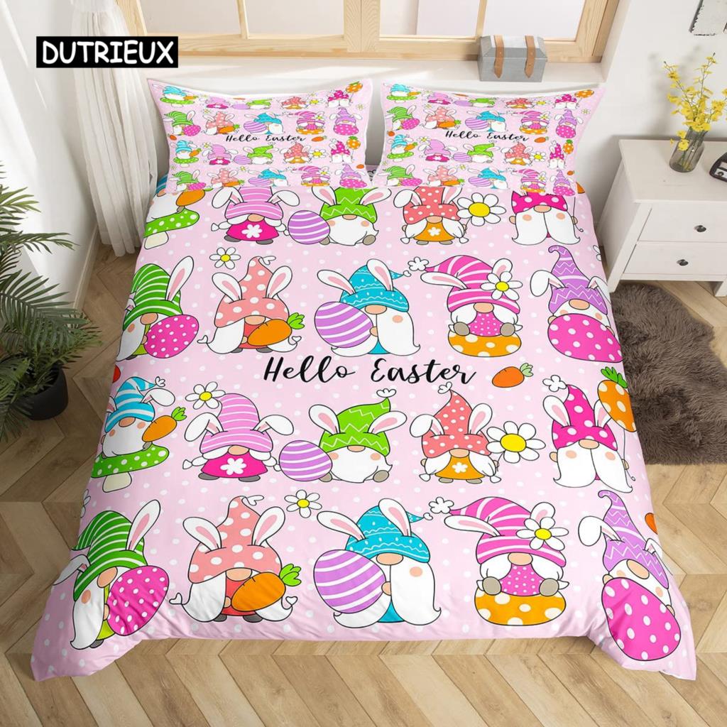 Easter Rabbit Tail Comforter Cover Pastel Pink Tulip Flowers Duvet Cover Twin Easter Eggs Kawaii Animal Bedding Set Easter Decor