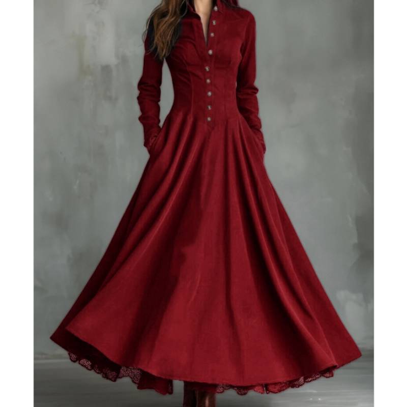 Maxi Abito Vintage Francese con Bordi in Pizzo e Dettagli a Bottone per Eleganti Occasioni da Festa