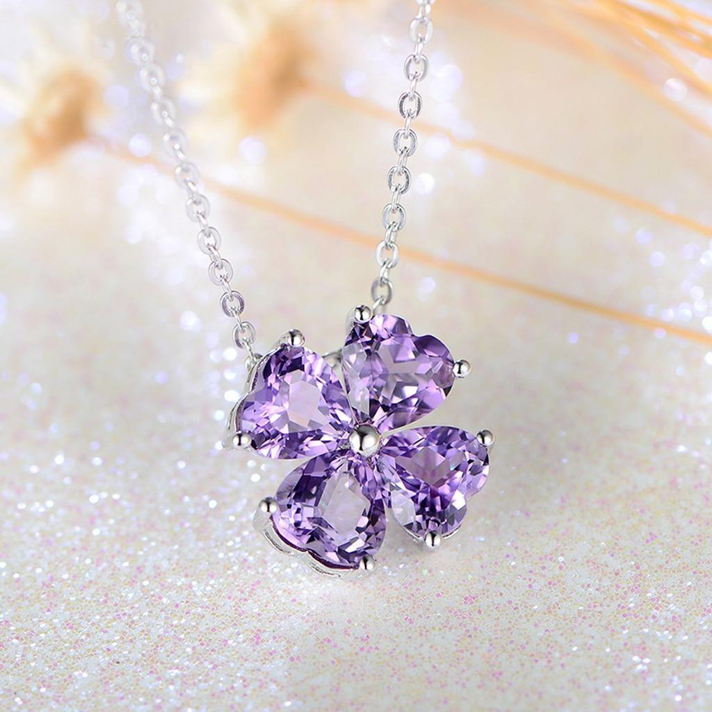 Heart Silver 925 Necklace Four Leaf Clover February Birthstone Amethyst Metal Hypoallergenic Pendant Women Birthday Birthstone Elegant Wedding Women