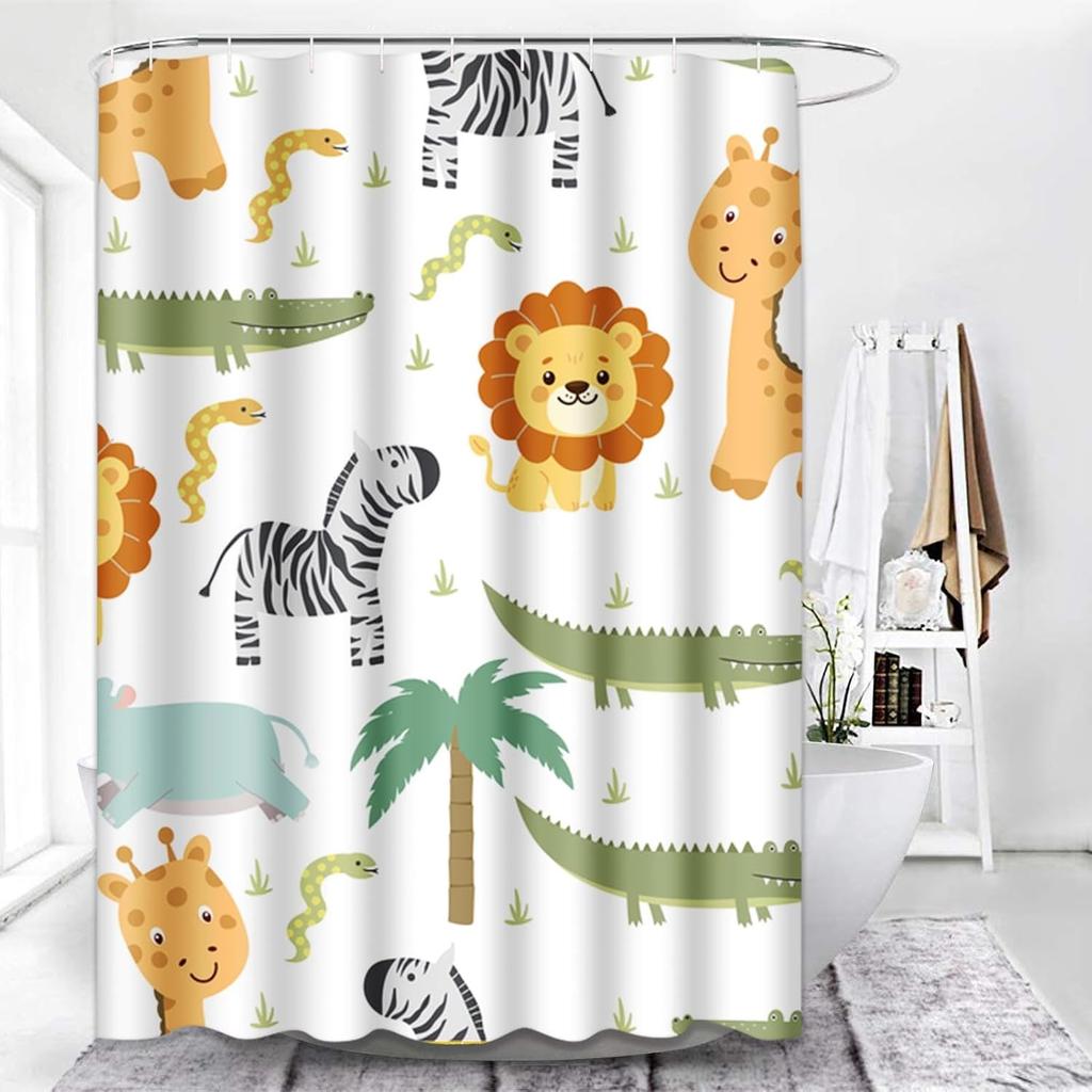 Shower Curtain Safari Animals With Cute Hippo Crocodile Lion Elephant And Giraffe In Childish Style Waterproof Polyester Fabric
