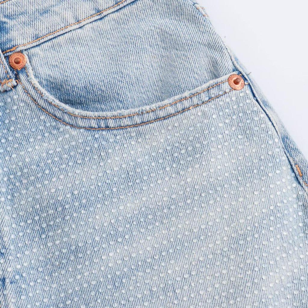 2025 Spring Women's Slim High-Waist Rhinestone Denim Shorts
