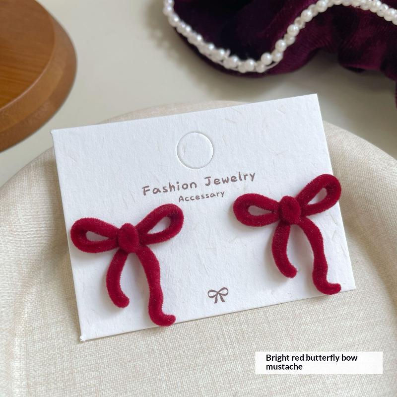 Cute Red Bow Flocking Earrings Simple Elegant Exquisite Sweet Festive Earrings Ear Studs Jewelry Accessories New Year Gifts