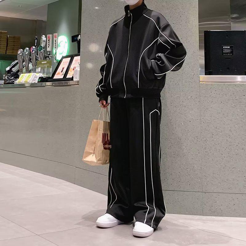 

Мужской спортивный костюм повседневного стиля класса люкс: Свободный кардиган и широкие брюки XXXL чёрный