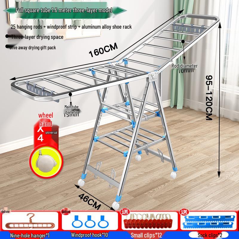 Wing-Shaped Folding Clothes Rack for Bedroom & Balcony - Retractable Floor-Standing Drying Rack.