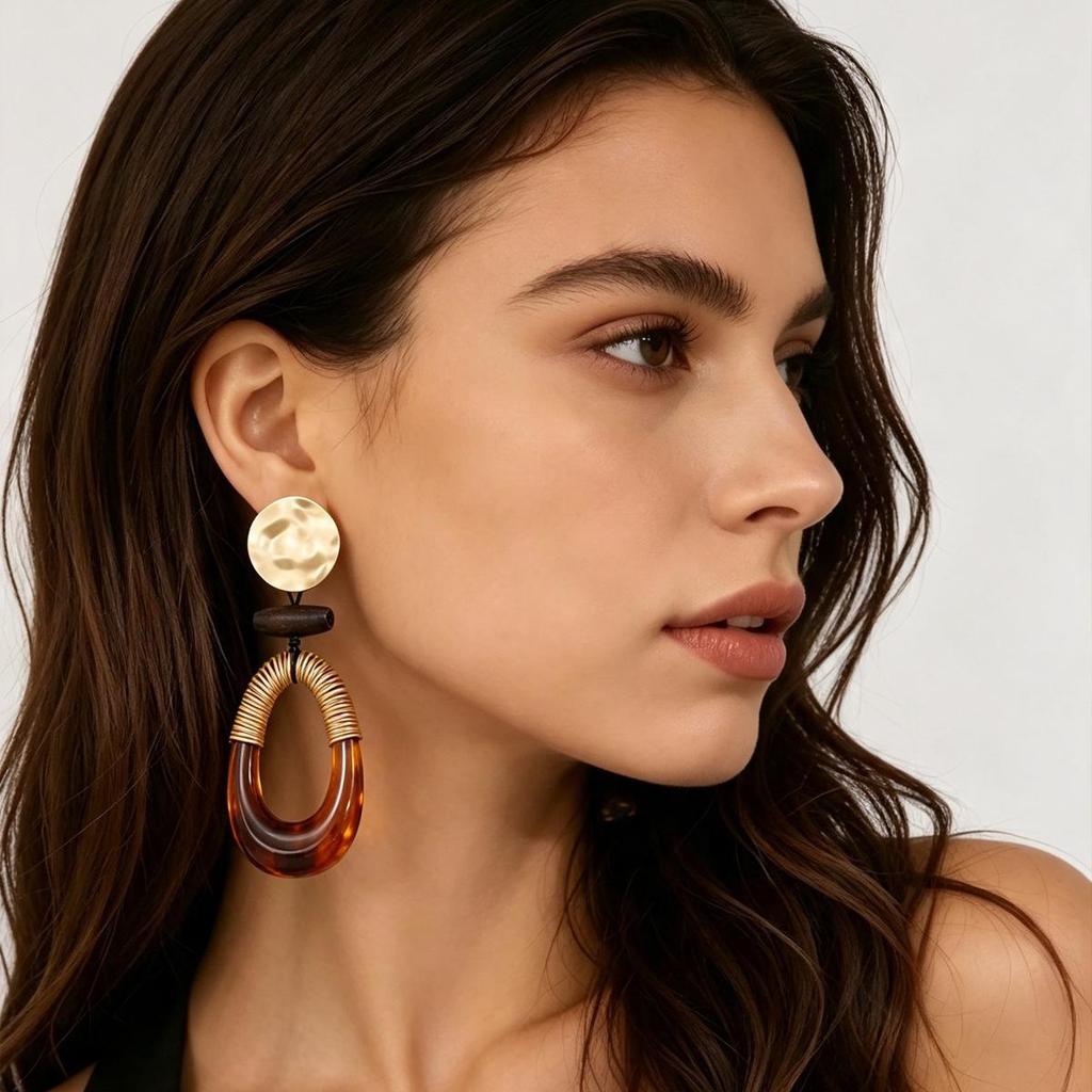 Melard Retro Dark Brown Oval Drop Earrings with Hammered Texture and Wrapped Thread