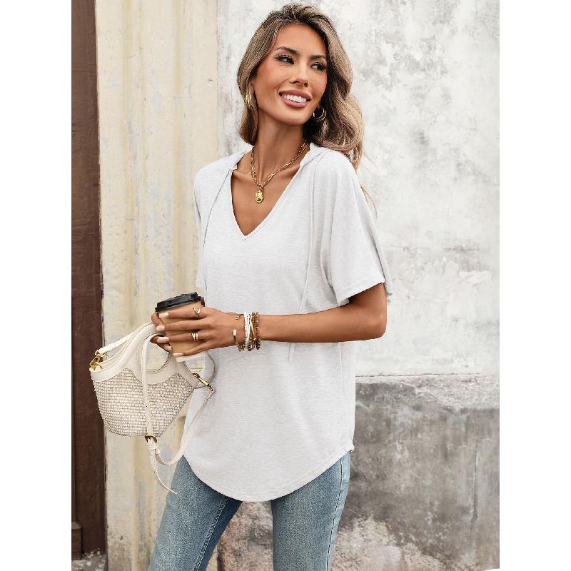 2026 Spring/Summer New Solid Color V-Neck Drawstring Hooded T-Shirt for Women Casual Short Sleeve