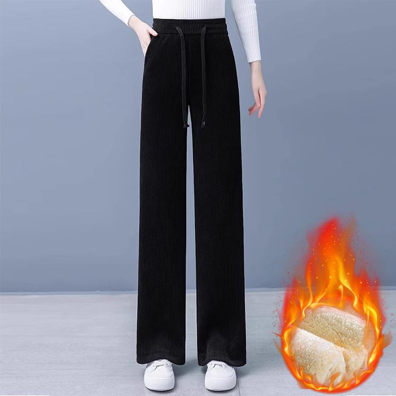 Wide-leg Pants Women's Autumn and Winter Fleece Thickened Loose and Thin Extra Large-size Women's Straight Casual Trousers