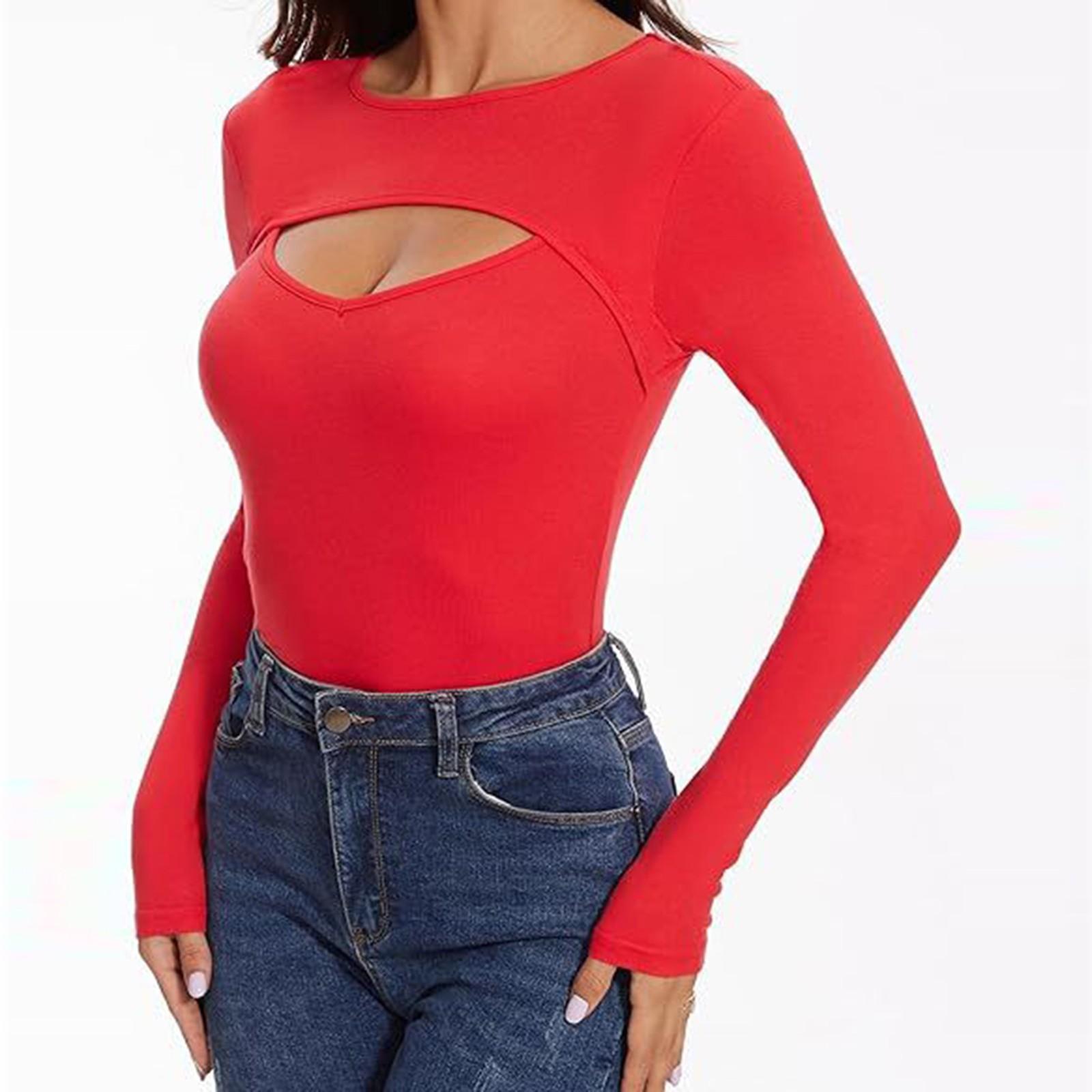 Women s Fashion Casual Front Hollow Slim Sexy Long Sleeve Top M красный