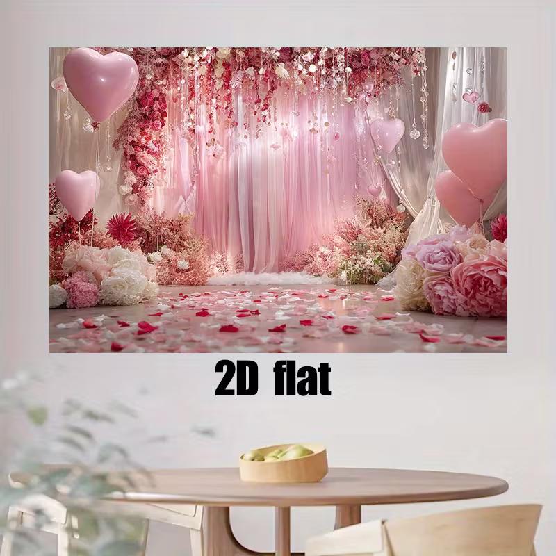 2D Flat Pink Love Party Backdrop Tulle Curtains & Rose Petals Engagement Background