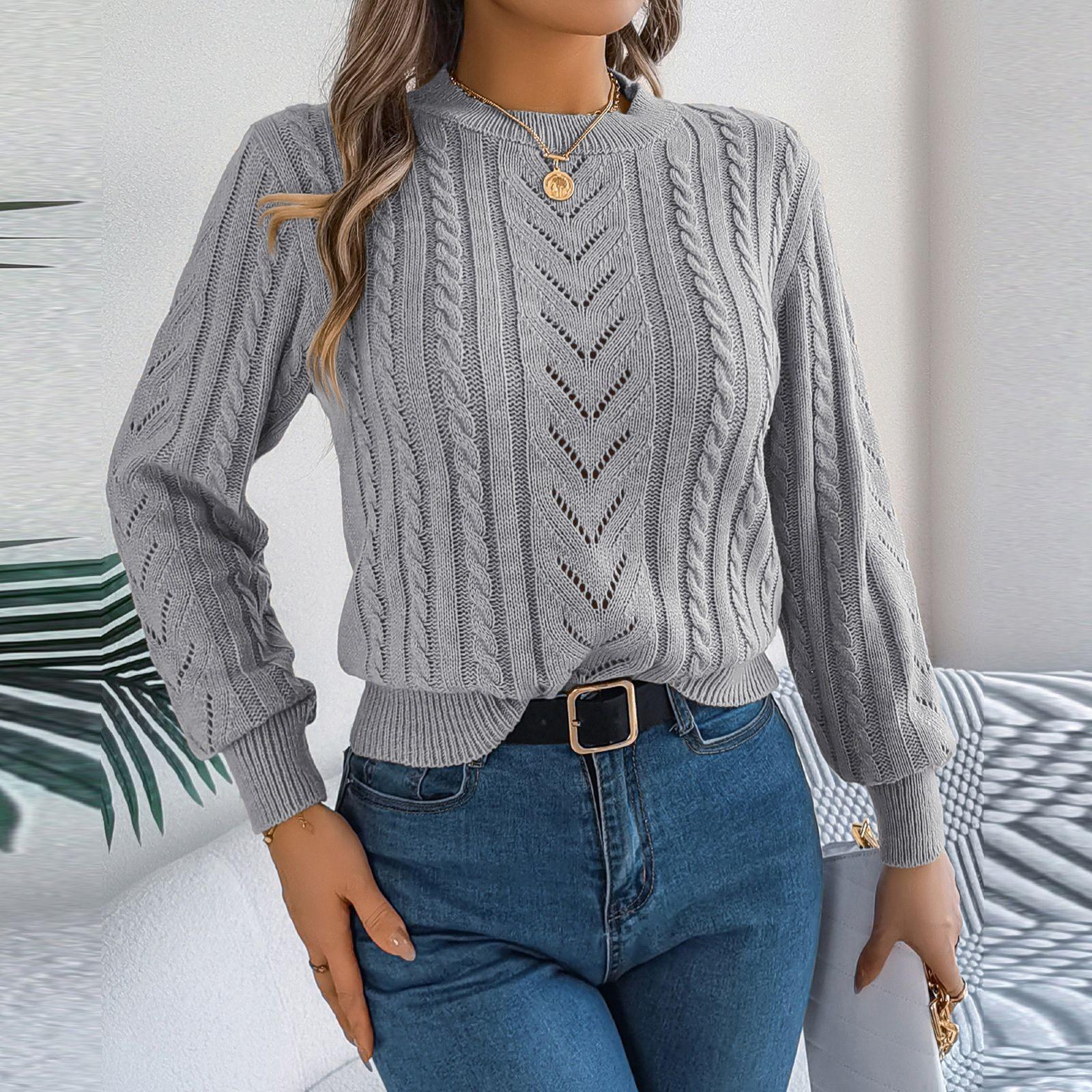 

Женская мода повседневный свободный однотонный круглый вырез свитер с длинным рукавом пуловер топ L