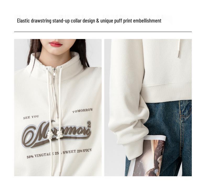 European Style Stand Collar High Waist Sweatshirt for Women - Plus Size, Slimming, Loose Fit, Short Top for Spring & Autumn 2025