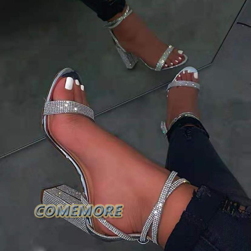Shiny Gold Rhinestones Chunky Heels Sandals Women Sexy Cross Ankle Strap Silver High Heels Summer Party Dress Shoes Ladies Pumps