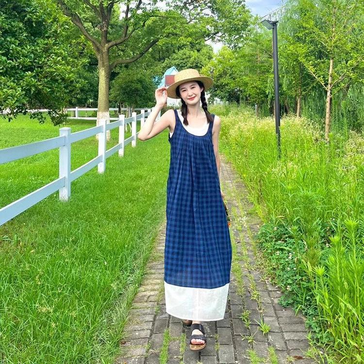 College style blue plaid suspender skirt Thai cool spicy women's summer new blue vest sleeveless dress trendy