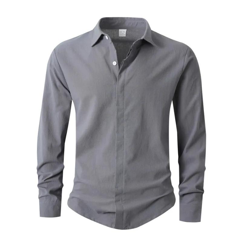 

Однотонная повседневная спортивная рубашка с длинным рукавом для работы весна-осень, с лацканами, мужская, простая, с индивидуальностью S серый