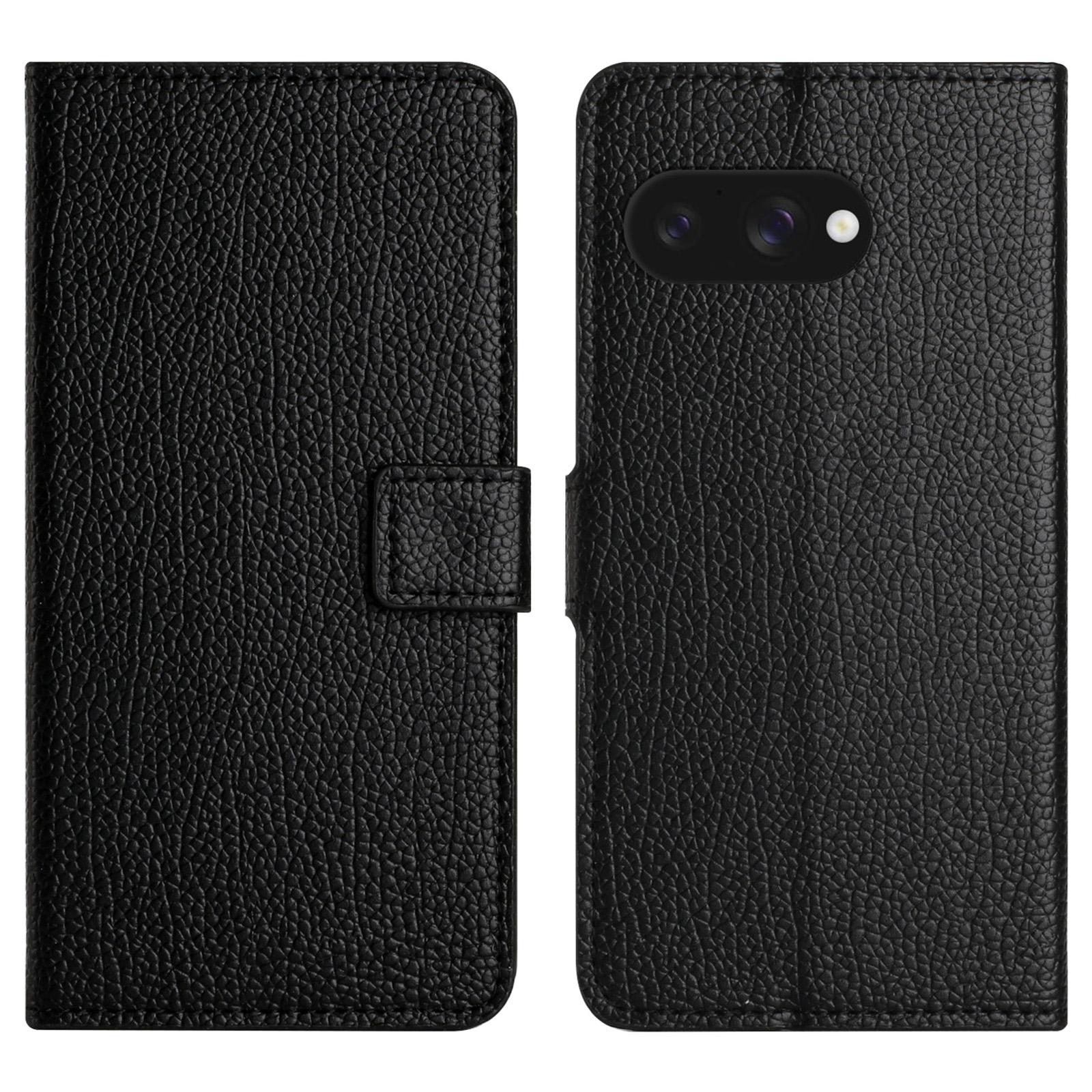 For Google Pixel 9a Case PU Leather Wallet Phone Cover Litchi Texture, Black A