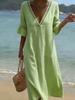 Boho vyšívaný V-výstřih Lněný plážový kaftan Bavlněné šaty pro ženy