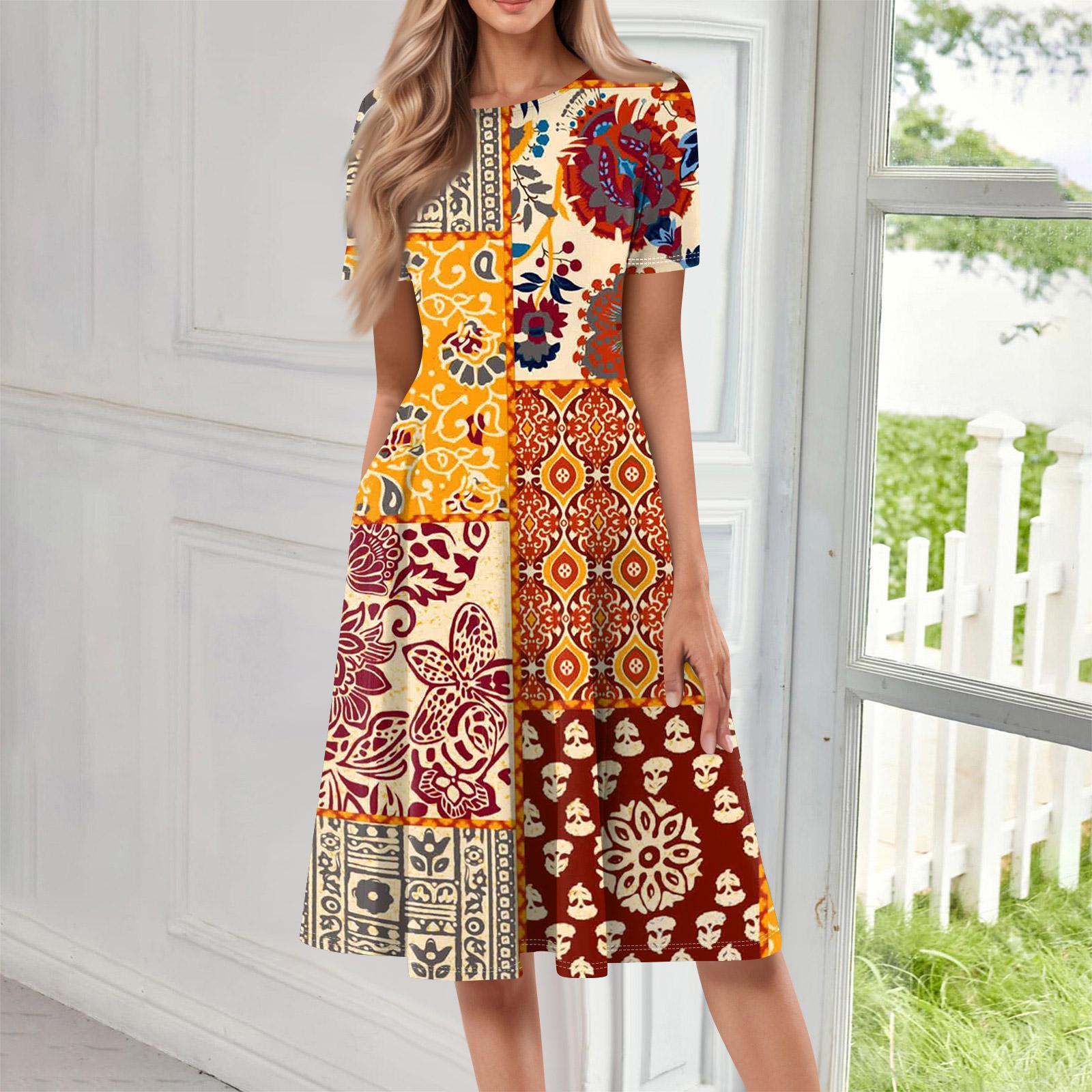 

Women Casual Printed Round Neck Long Dress XL шафрановий