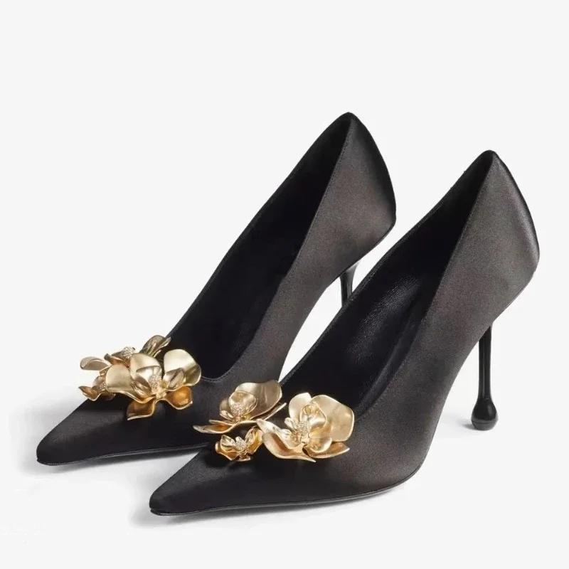 Luxury Brand Designer Heels Sandal Women Fashion Metallic Floral Design Elegant Dress Pumps Sexy Pointed Toe Shallow Office Shoe