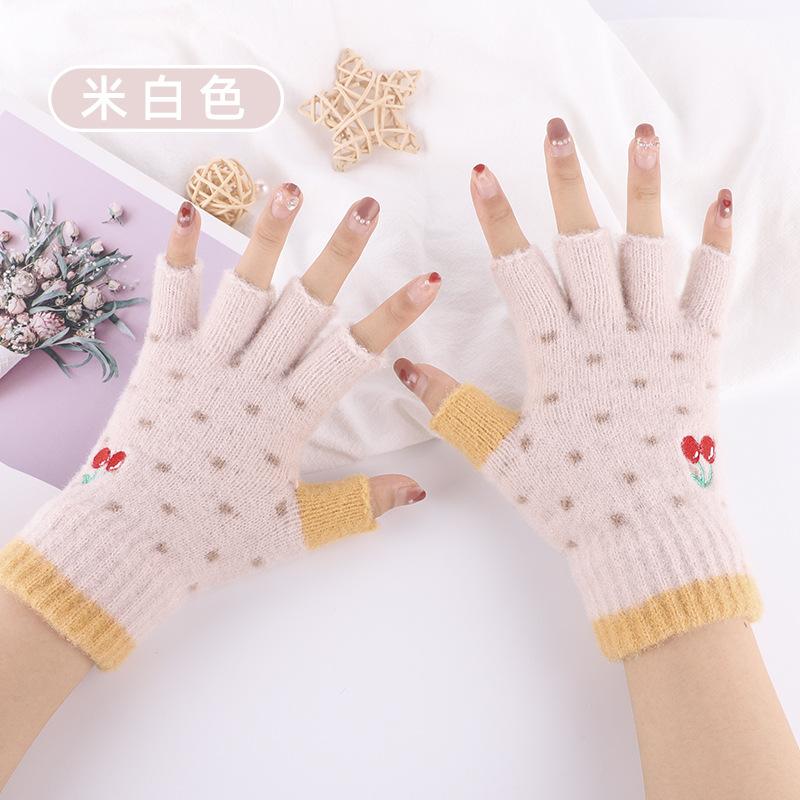 New half-finger gloves women's winter cold protection and warmth dew finger cartoon embroidery cherry warm work writing gloves