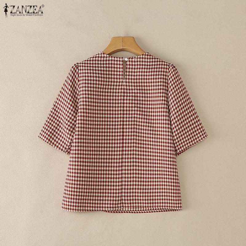 ZANZEA Women Casual Round Neck Grid Print Summer Short Sleeve Blouse