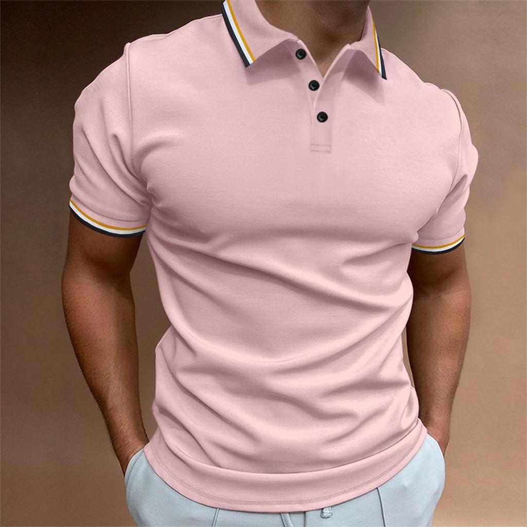 New Men's Slim POLO Shirt Ribbed Striped Lapel Buttons Solid Colour Splicing T-shirt Tops