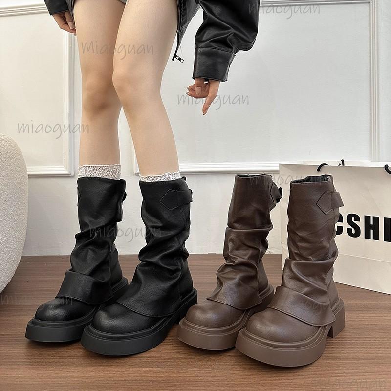 Fashion Autumn Vintage Thick Bottom Woman Knight Boots Fashion Belt Buckle Ladies Slip on Short Booties Black Brown PU Pleated Botas