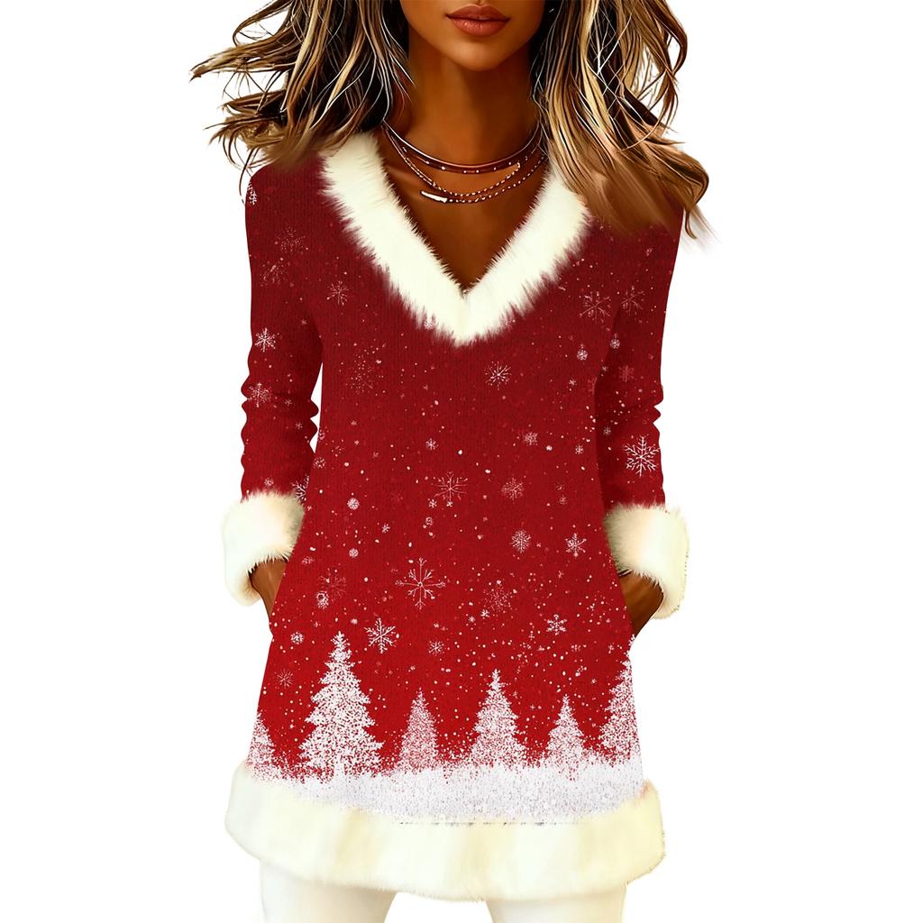 Women's Christmas Fashion Plush V-Neck Pullover Printed Long-Sleeved Top