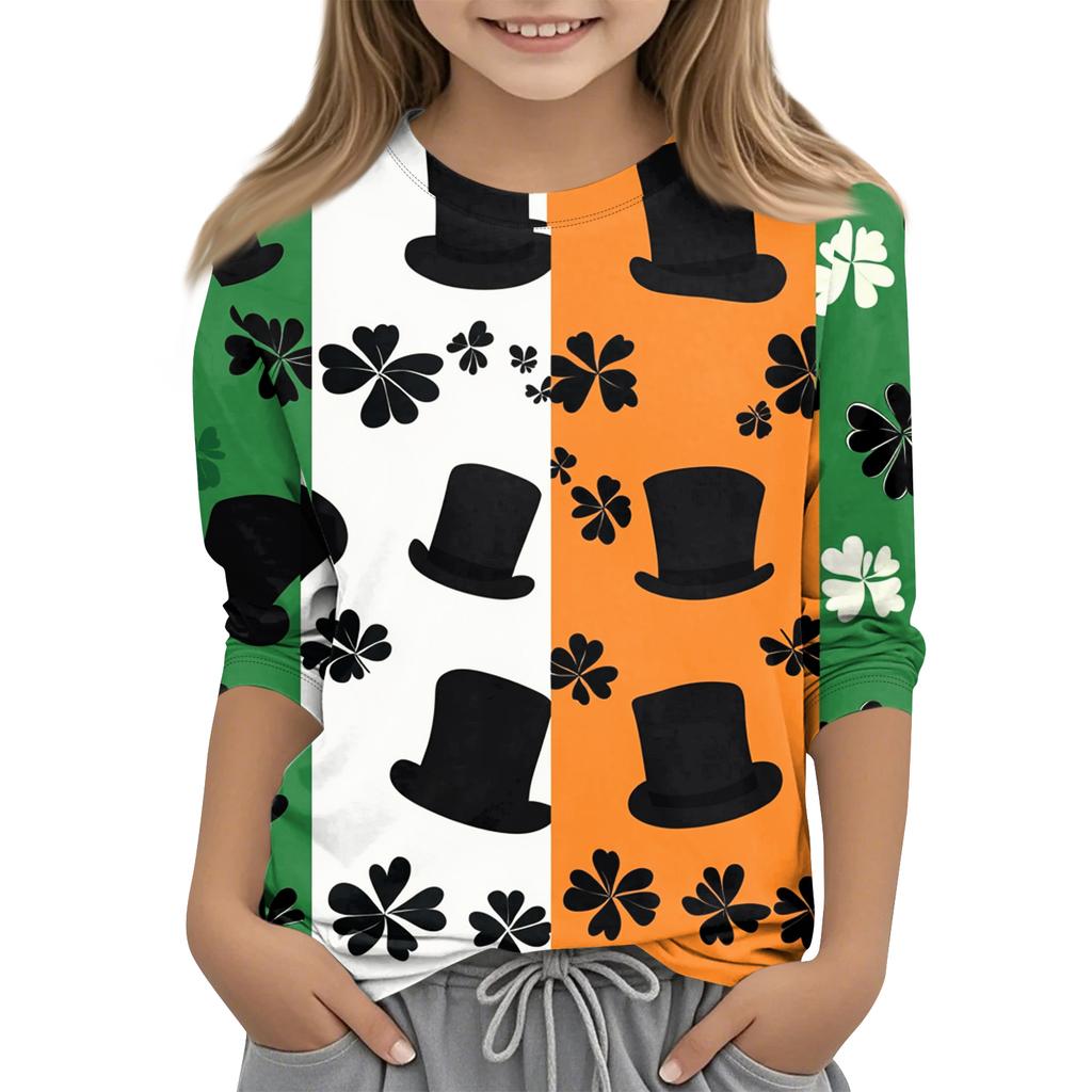 St. Patrick's Day Print Tops For Youth Girls 4-11 Years Round Neck 3/4 Sleeves T-Shirts Trendy Tops Outfit Tees