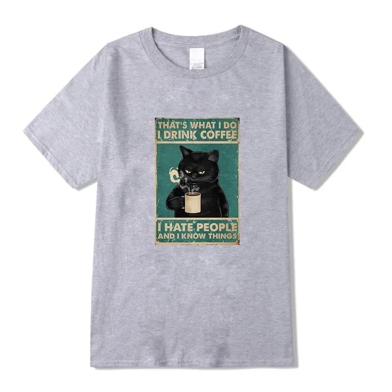 Oversized White Short-Sleeve T-Shirt Featuring "I Drink Coffee I Hate People And I Know Things" Grumpy Black Cat Vintage Meme Graphic Print