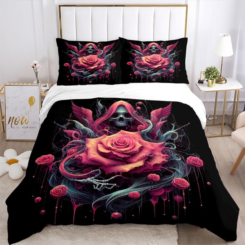 3pcs Gothic Rose Printed Quilt Set - Includes 1 Quilt Cover and 2 Pillowcases, Machine Washable - Suitable for All Seasons.W054