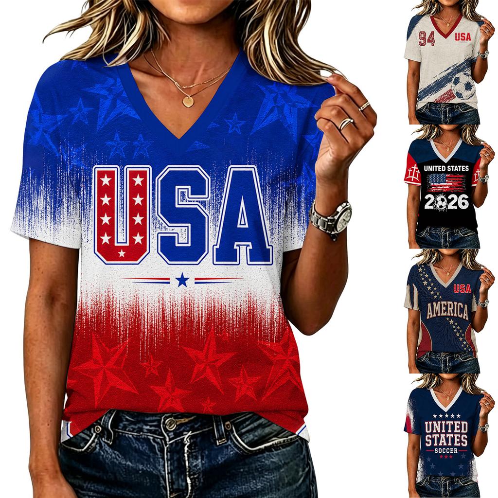 Women's Short Sleeve V-Neck T-Shirt with USA Letter Print