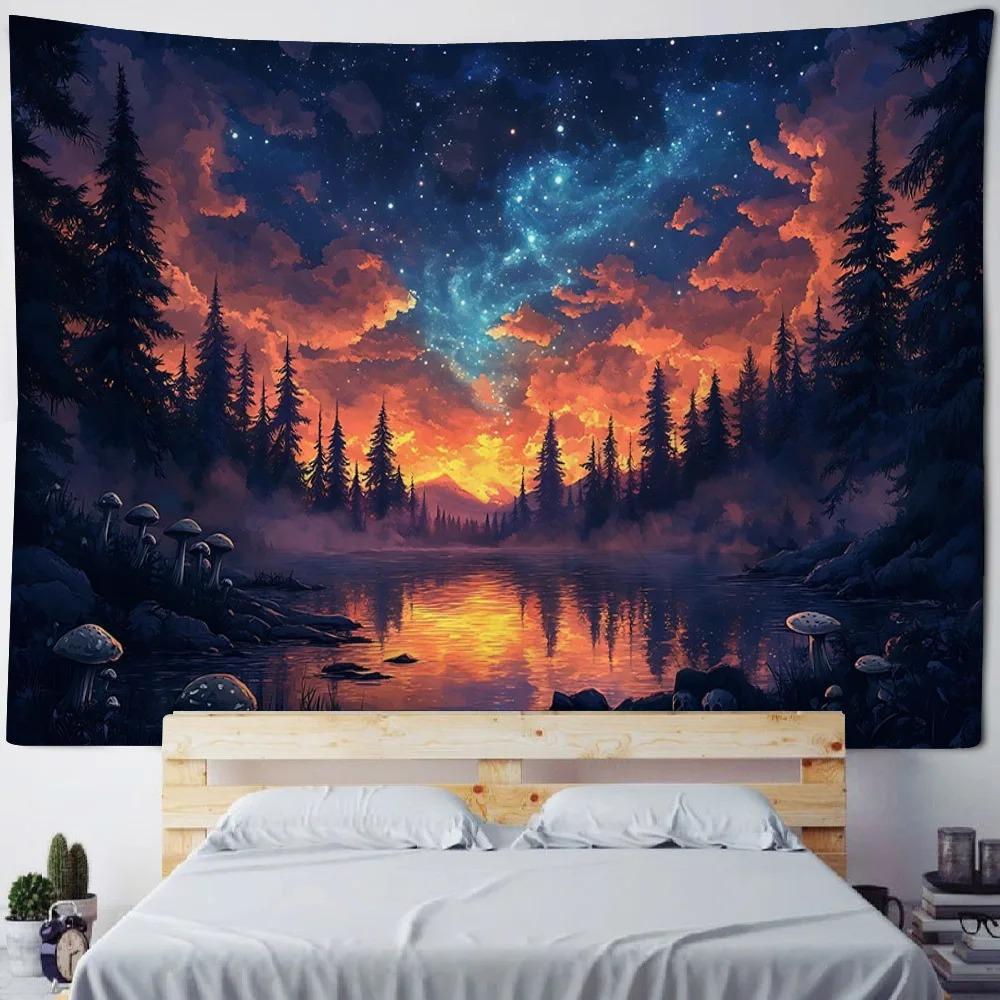 Background poster starry sky oil painting tapestry forest night fabric mural bohemian hippie home decoration wall hanging cloth