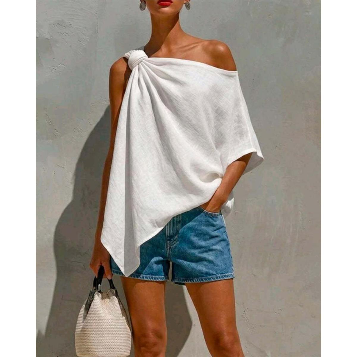 Women s Asymmetrical Twist Off-shoulder 3/4 Sleeve Solid Color Casual Single Shoulder Top For European & American S