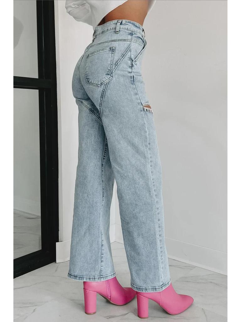 2025 Women's High Waist Straight-Leg Jeans with Chain and Washed Finish