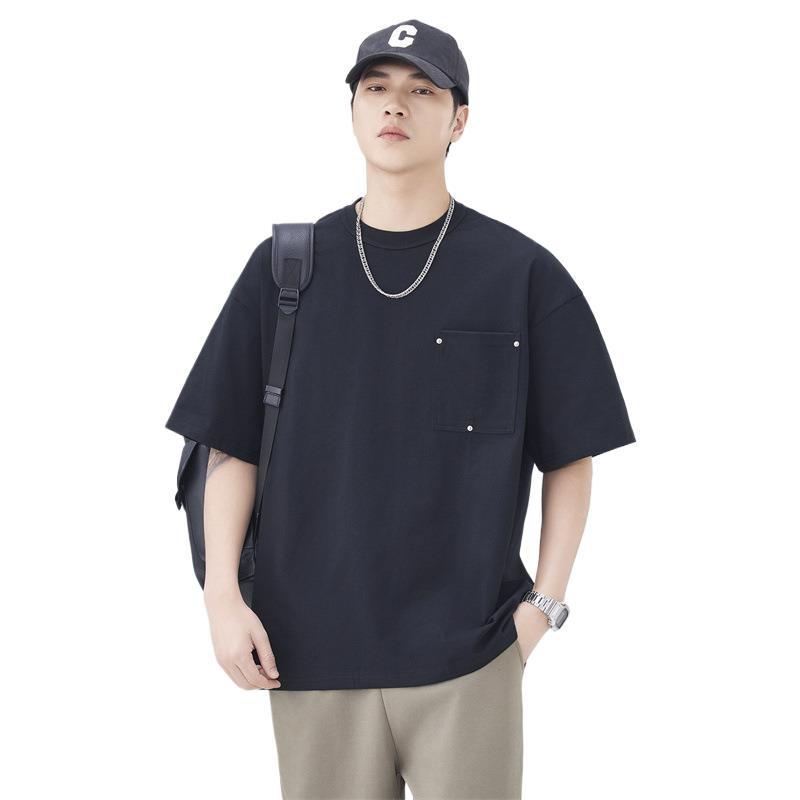 New Summer Men's T-padded Pure Cotton Quality Ice-feeling Pocket Loose Round Neck T-shirt Short Sleeves