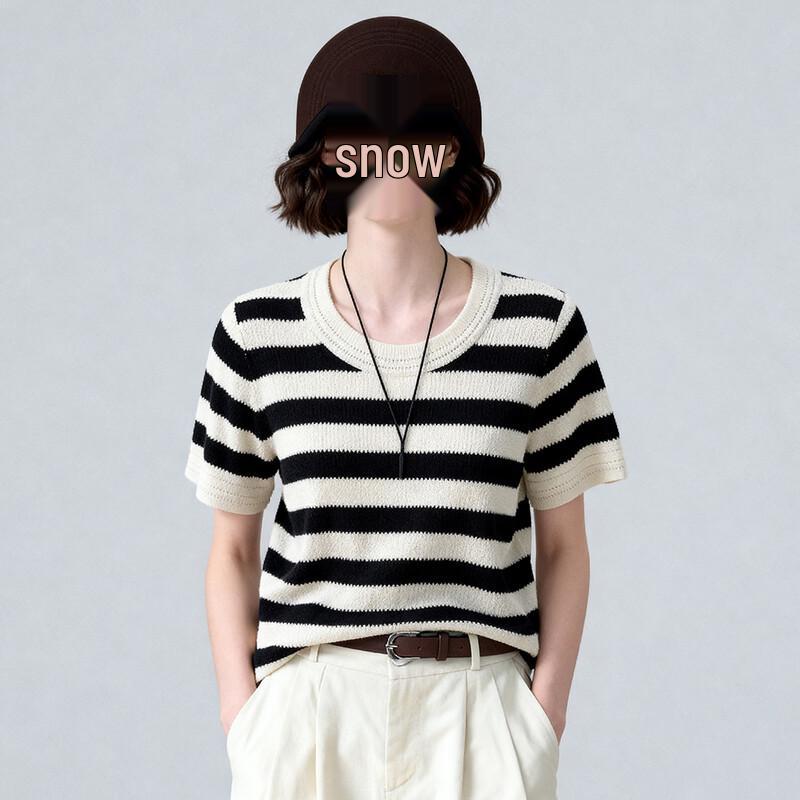 ENC Women s Striped Loose Fit Short Sleeve Knit Top S